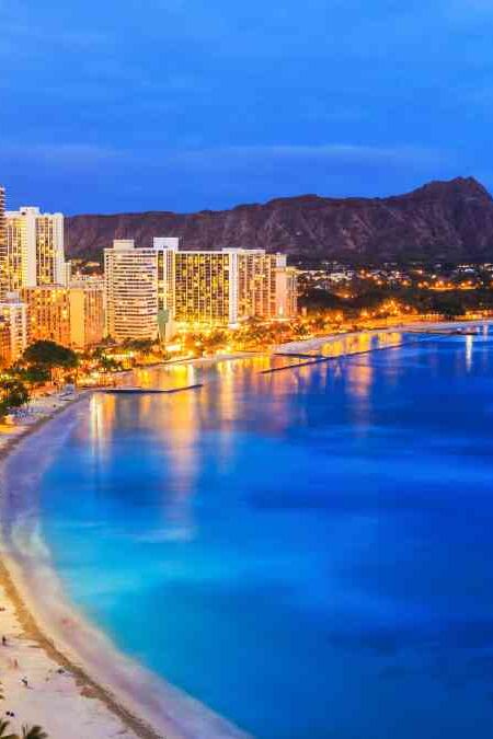 Honolulu, Hawaii. Skyline of Honolulu, Diamond Head volcano including the hotels and buildings on Waikiki Beach.