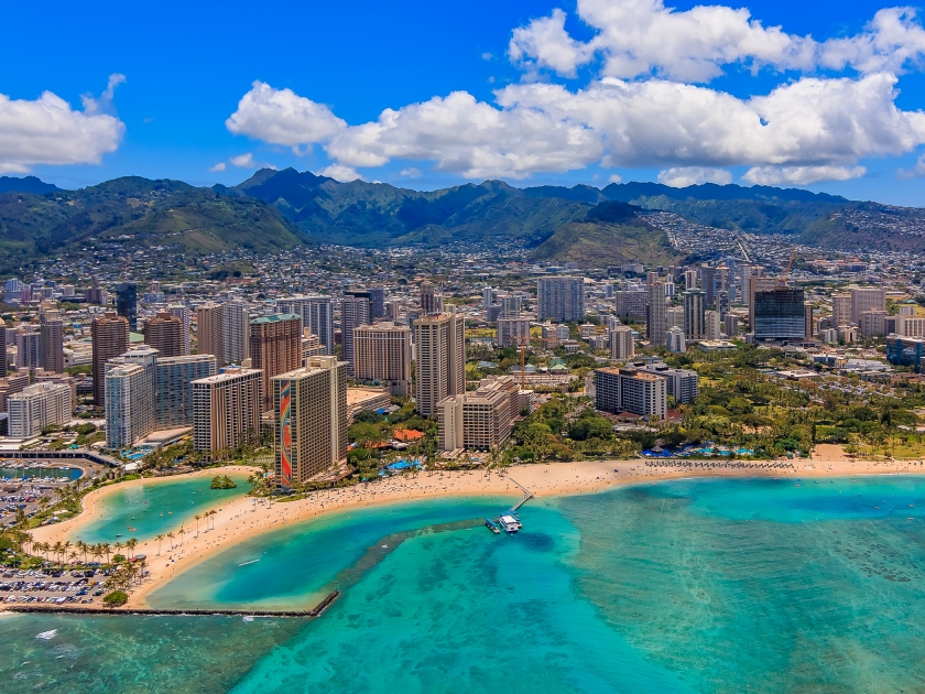 Aerial view of Waikiki Beach in Honolulu Hawaii from a helicopter