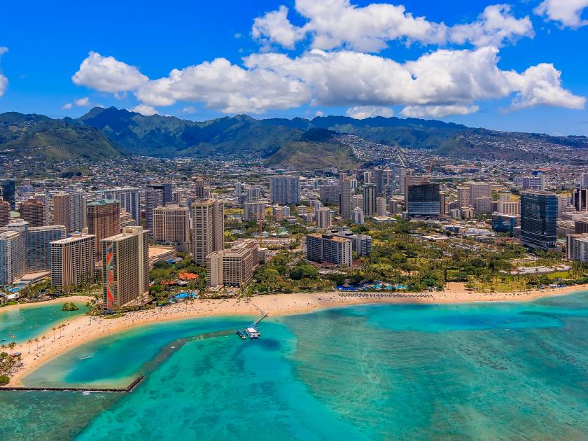 Aerial view of Waikiki Beach in Honolulu Hawaii from a helicopter