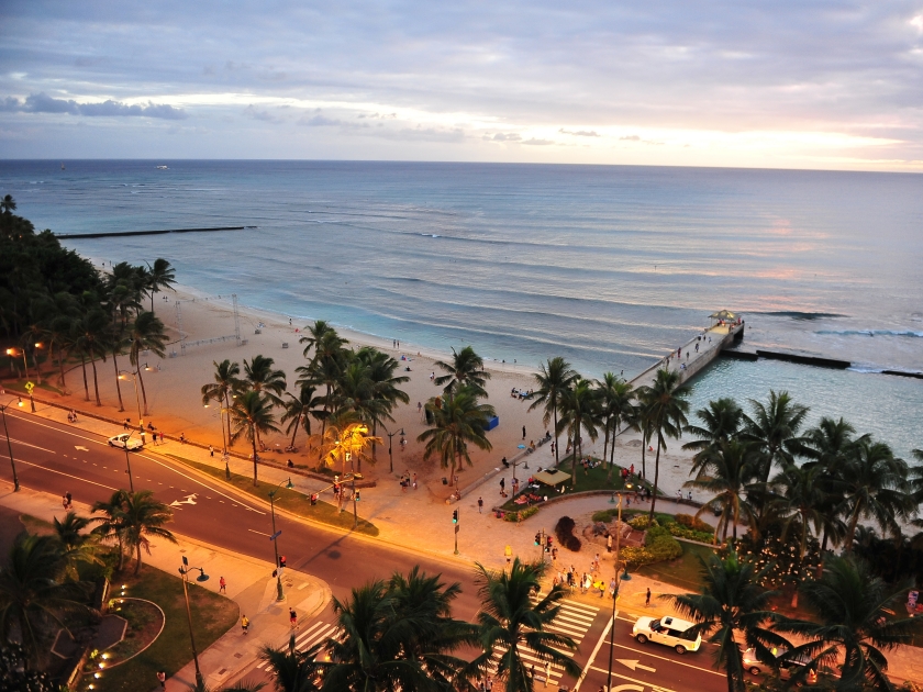 Waikiki Coastal Road at dusk. Honolulu, Oahu. Hawaii