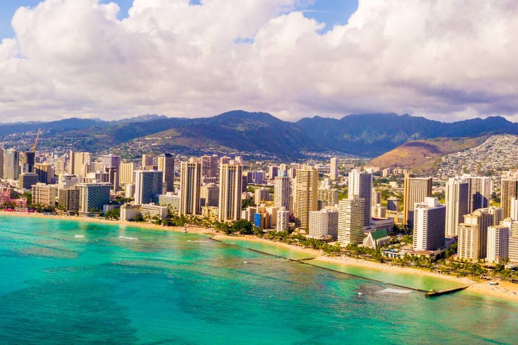 Amazing panoramic view on the Waikiki beach and Diamond head. Honolulu city aerial skyline view.