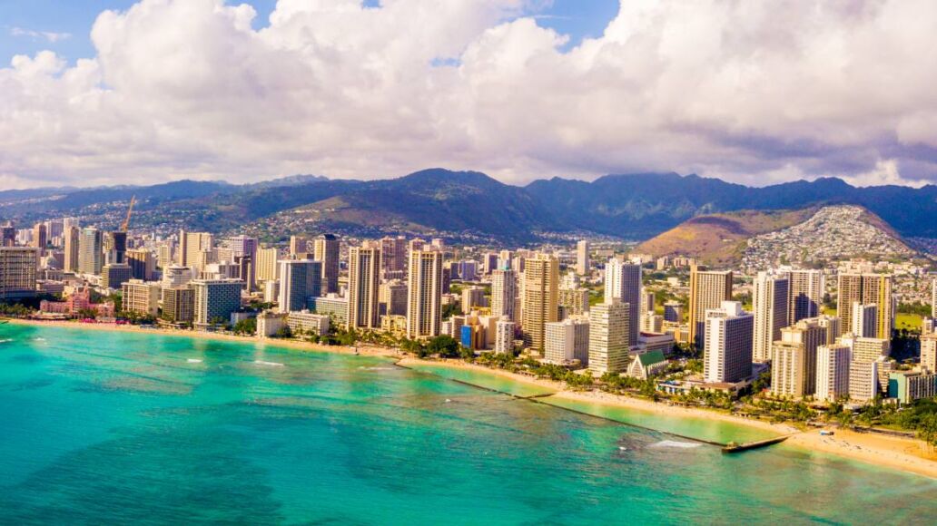 Amazing panoramic view on the Waikiki beach and Diamond head. Honolulu city aerial skyline view.