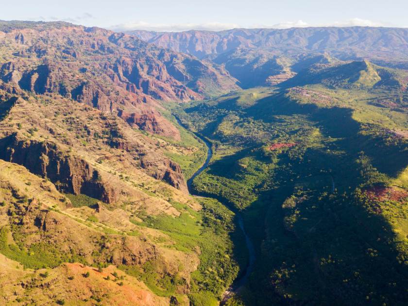 Aerial view of Waimea Canyon valley in Kauai Hawaii.