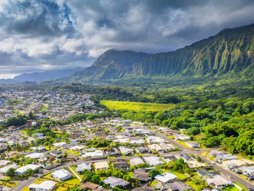 Aerial view by drone of kailua town, oahu island, hawaii, united states of america, north america