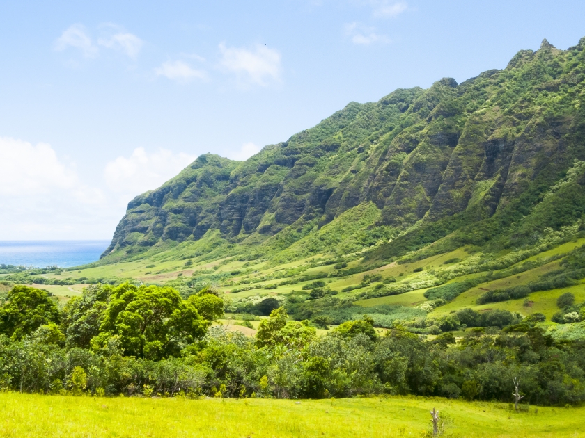 United States Hawaii Oahu island Kaawa valley with sun panoramic view