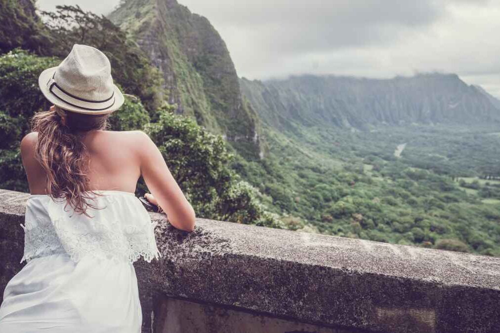 Travel nature hiker. Oahu island destination, woman tourist in Hawaii, USA.