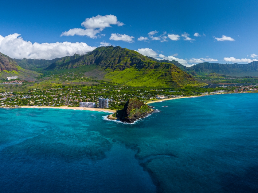 Aerial panorama of the west coast of Oahu near Makaha Valley, Hawaii