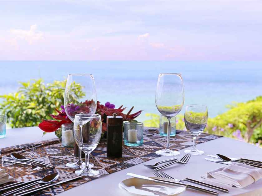 table in the restaurant on the sea background