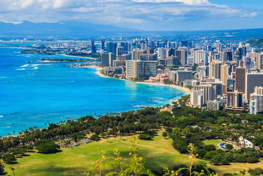 Skyline of Honolulu, Hawaii and the surrounding area including the hotels and buildings on Waikiki Beach