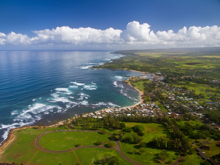 Waialua Bay and Haleiwa, Oahu Hawaii - Kaiaka Bay Beach Park in foreground, with Turtle Beach in the distance.