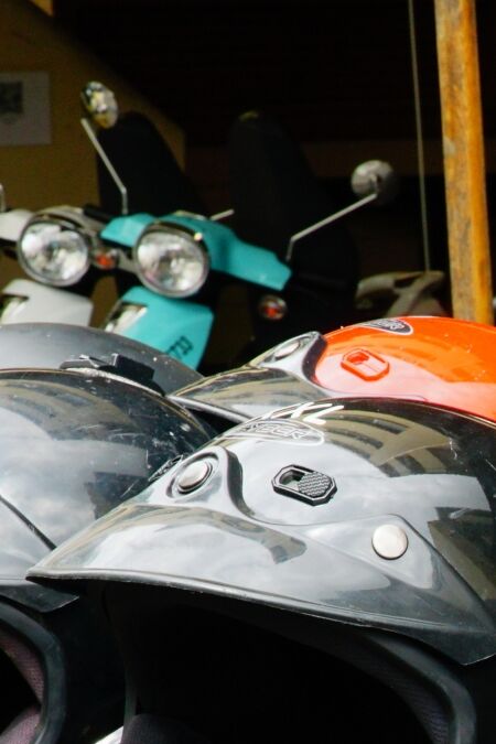 Honolulu Hawaii USA. ‎October ‎11, ‎2019. Helmets waiting to protect peoples heads if they rent a scooter.