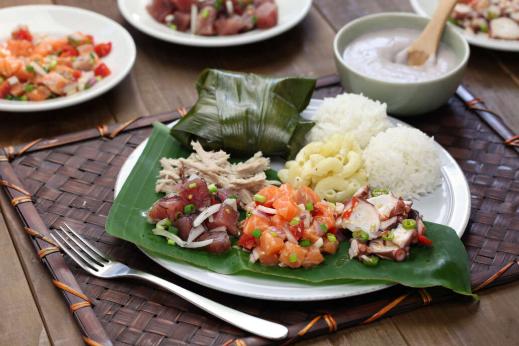 Hawaiian,Traditional,Plate,Lunch,ahi,Poke,lomi,Lomi,Salmon,tako,Poke,kalua,Pork,poi,lau,Lau