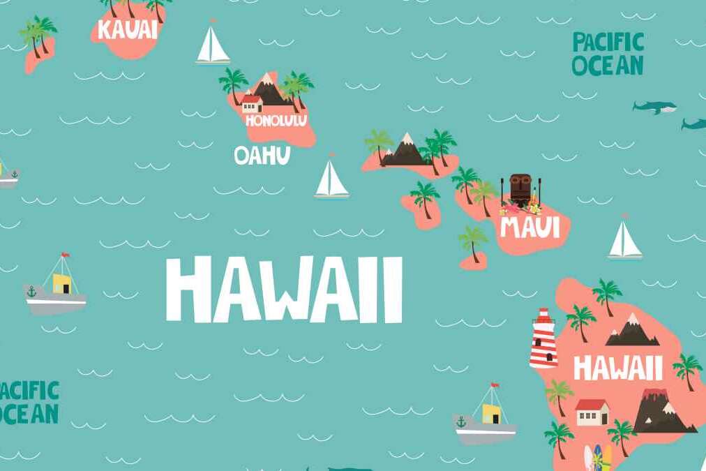 Illustrated map of the state of Hawaii in United States with cities and landmarks. Editable vector illustration
