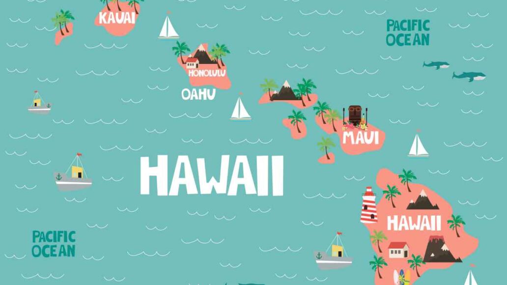 Illustrated map of the state of Hawaii in United States with cities and landmarks. Editable vector illustration