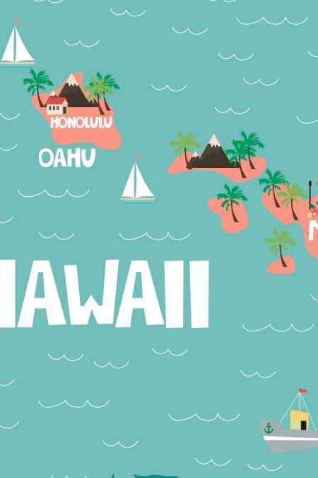 Illustrated map of the state of Hawaii in United States with cities and landmarks. Editable vector illustration