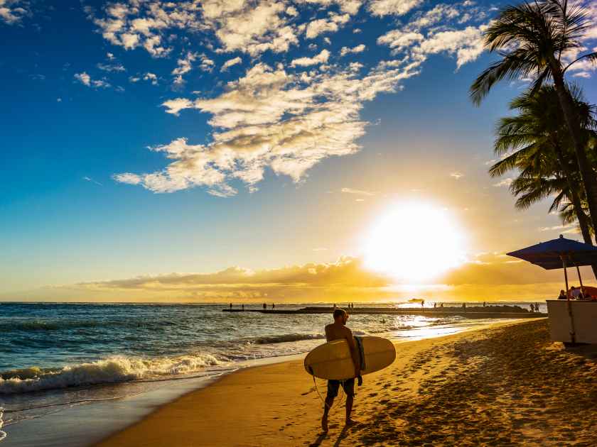 Surfer At Sunset On Waikiki Beach, Hawaii, Oahu, Honolulu