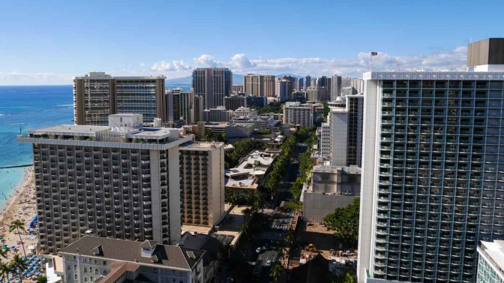 Cityscape of Kalakaua Avenue in Waikiki, Honolulu, Oahu Island, Hawaii, USA