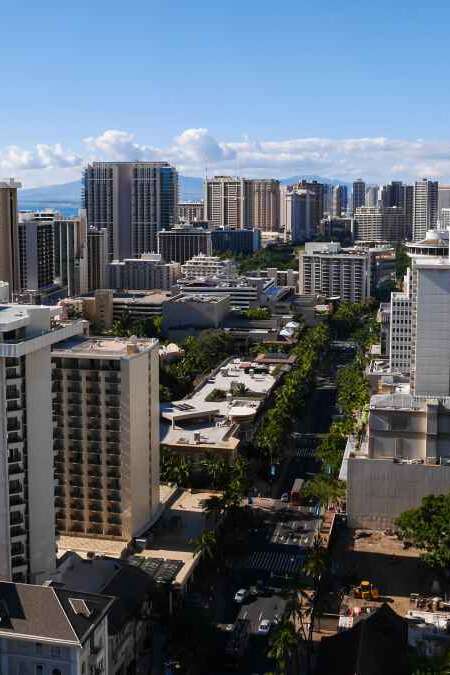 Cityscape of Kalakaua Avenue in Waikiki, Honolulu, Oahu Island, Hawaii, USA