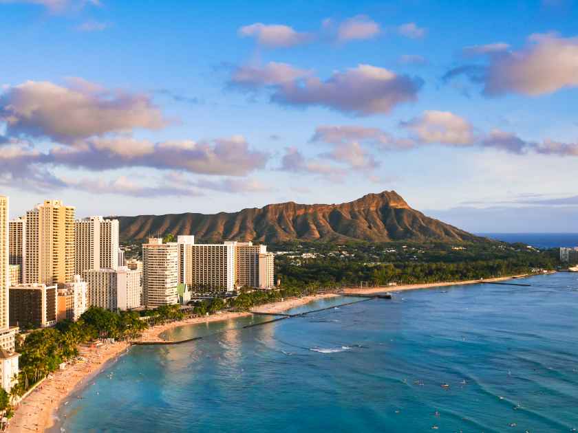 Waikiki Beach and Diamond Head Crater including the hotels and buildings in Waikiki, Honolulu, Oahu island, Hawaii. Waikiki Beach in the center of Honolulu has the largest number of visitors in Hawaii