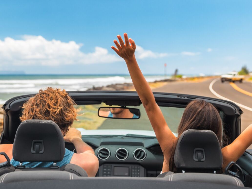 Road,Trip,Summer,Vacation,Fun,Young,Couple,Driving,Convertible,Car