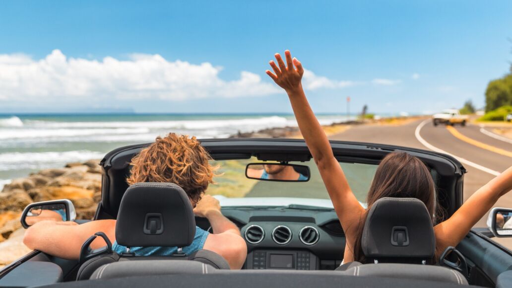 Road,Trip,Summer,Vacation,Fun,Young,Couple,Driving,Convertible,Car