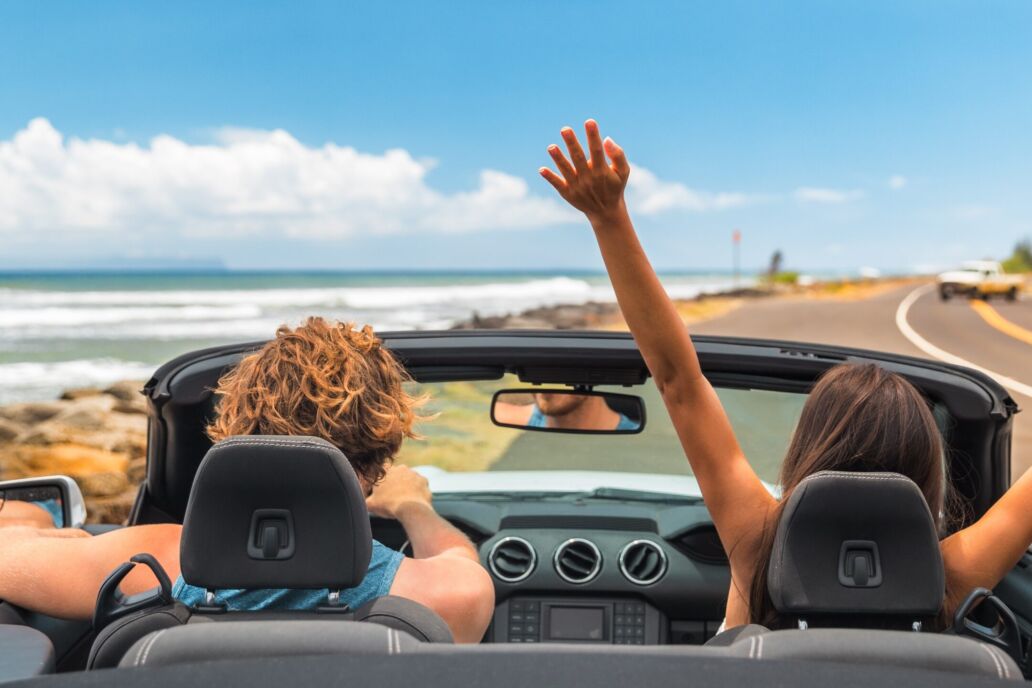 Road,Trip,Summer,Vacation,Fun,Young,Couple,Driving,Convertible,Car