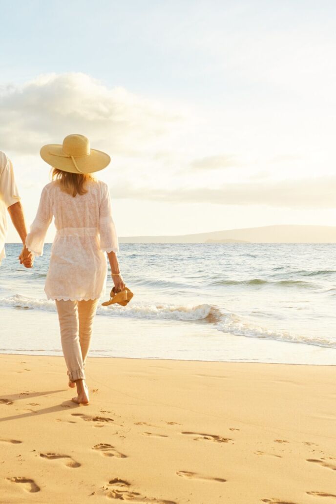 Happy,Romantic,Middle,Aged,Couple,Enjoying,Beautiful,Sunset,Walk,On