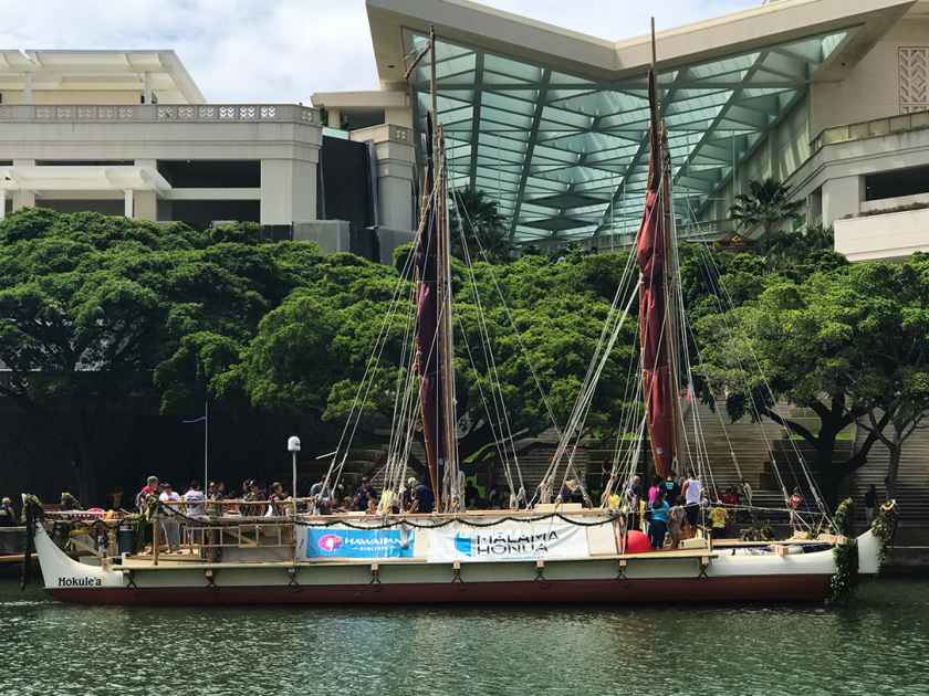 Hokule'a, moored in Honolulu Harbor between voyages