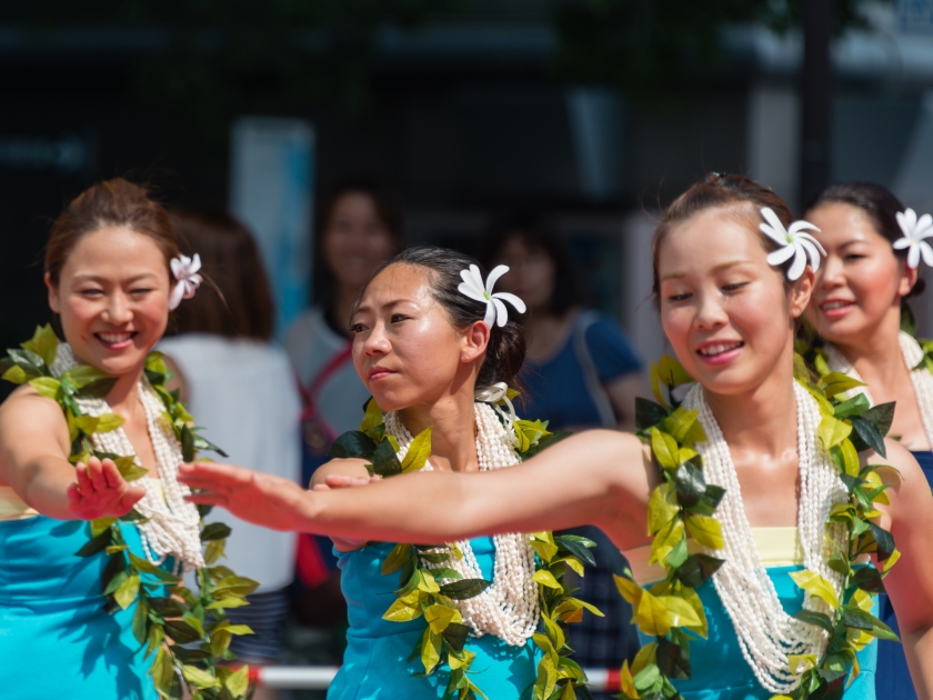 YOKOHAMA, JAPAN - AUGUST 1, 2015: Japanese women are performing a Hawaiian dance in the Yokohama Dance Parade which is held on August 1 through 2 in 2015 in Yokohama, Japan.