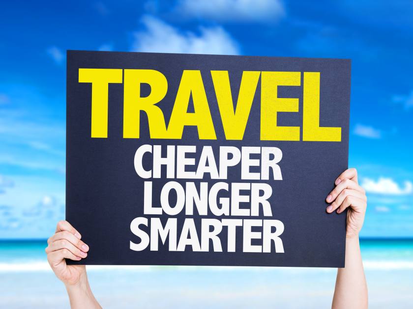 Travel Cheaper Longer Smarter card with beach background