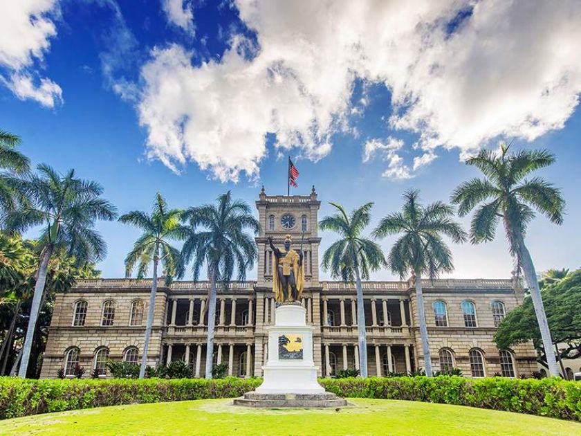 King Kamehameha Statue across from Iolani Palace in historic downtown Honolulu