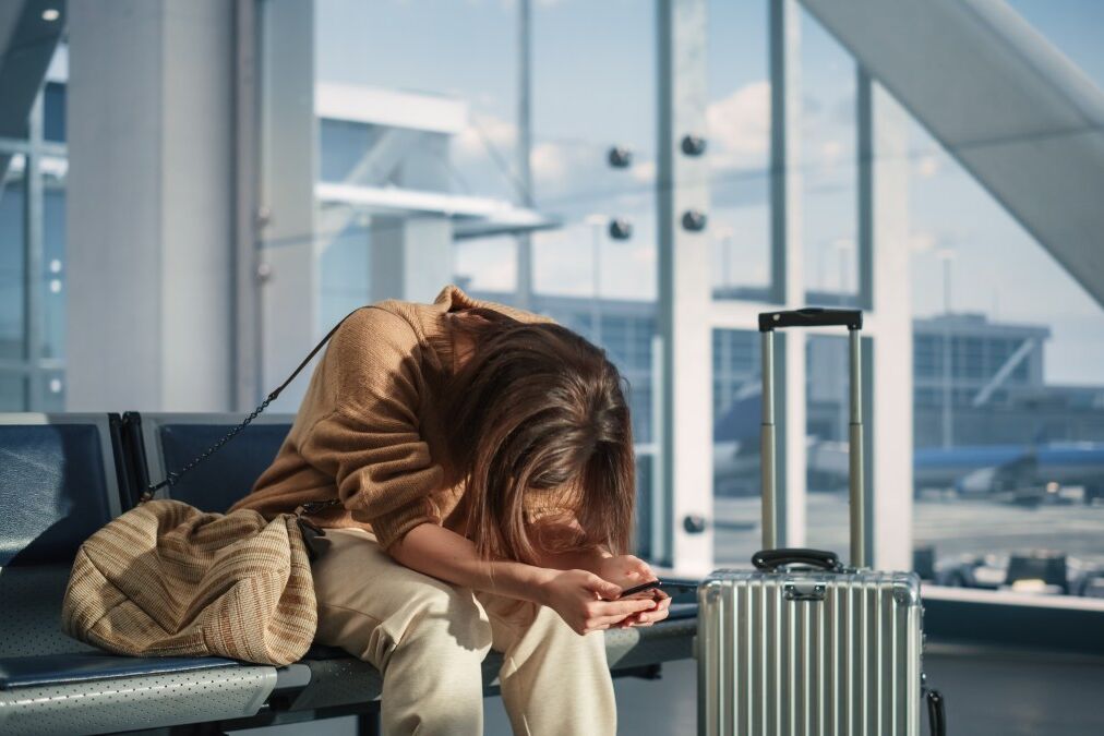 Disappointed woman at airport terminal