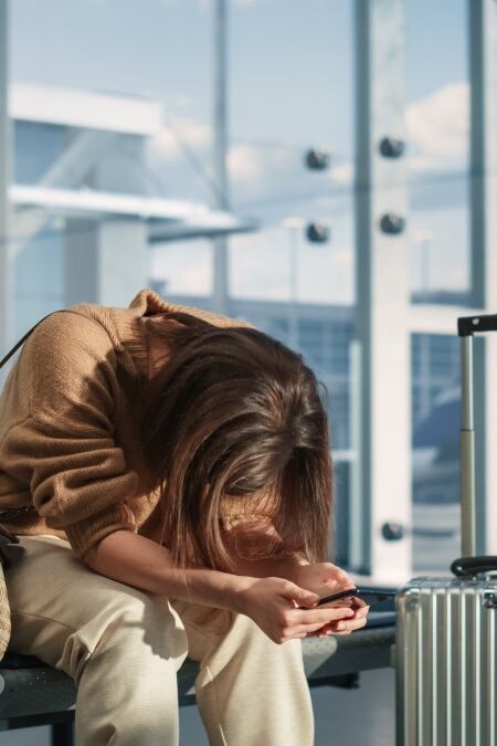 Disappointed woman at airport terminal