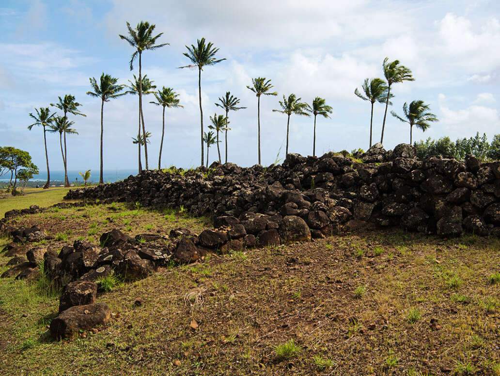 Poliahu Heiau, Kauai. As this is a sacred place, take care to not move or disturb the rocks.