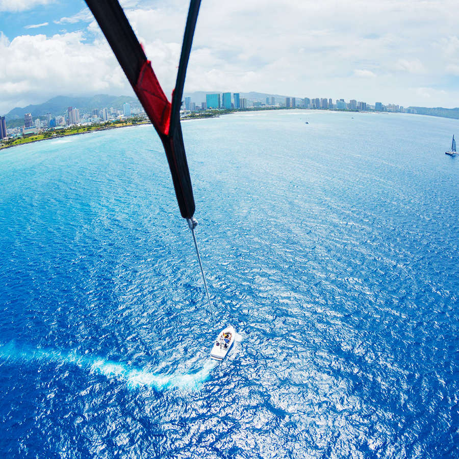 A wide-angle shot taken from a parasail