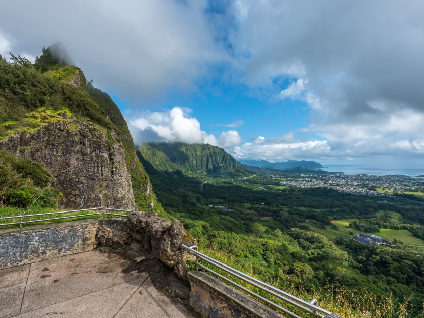 Nu?uanu Pali is a section of the windward cliff of the Ko?olau mountain located at the head of Nu?uanu Valley on the island of Oahu. It has a panoramic view of the windward coast of Oahu