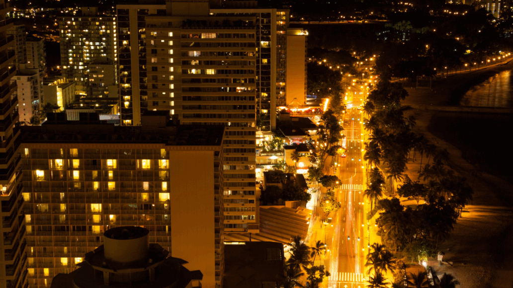 Night view of Hawaii Oahu Island Kalakaua Street