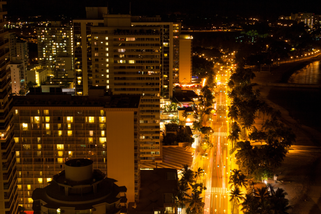 Night view of Hawaii Oahu Island Kalakaua Street