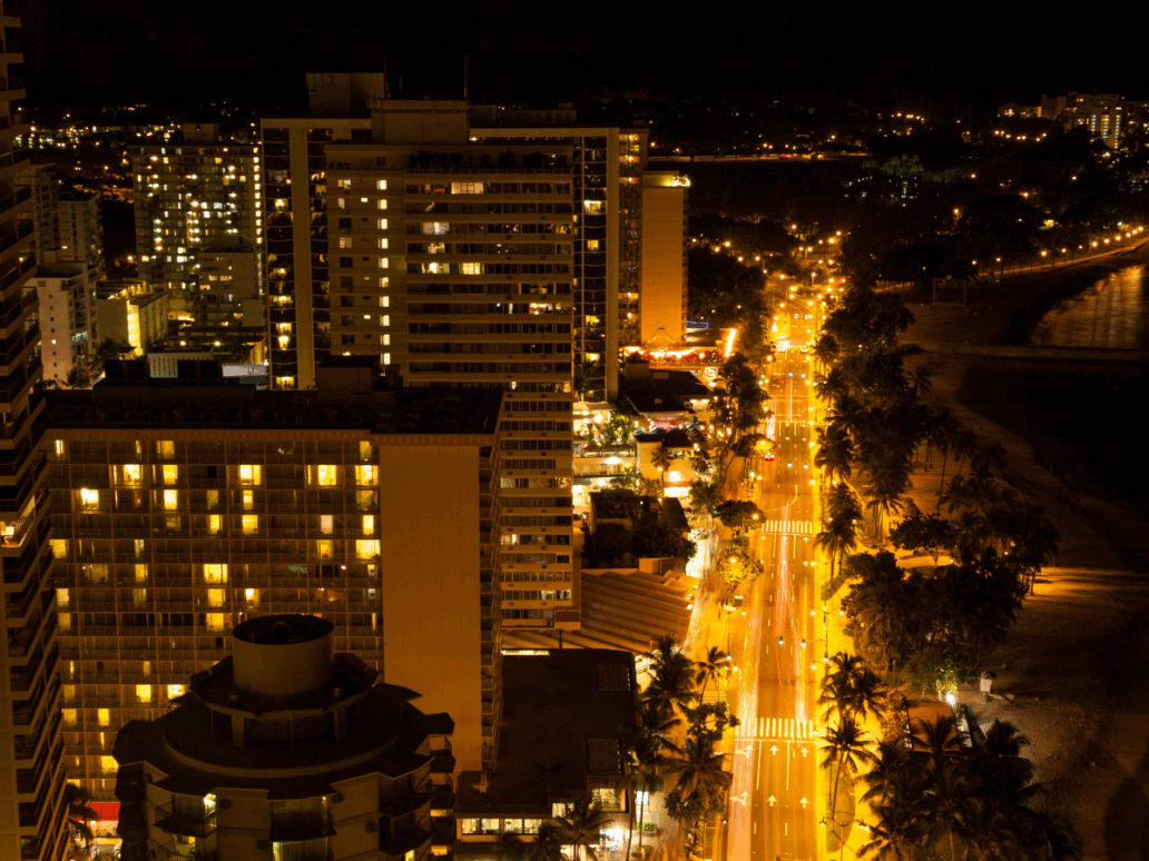 Night view of Hawaii Oahu Island Kalakaua Street