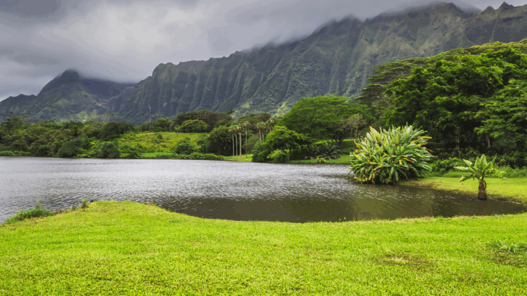 View of lake and mountains in Hoomaluhia botanical garden, Oahu island, Hawaii